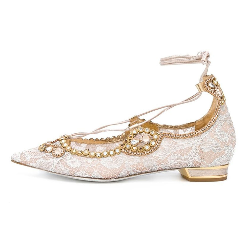 Elegant Nude Pointed Toe Rhinestone Lace-Up Flat Shoes for Women Nicepairs