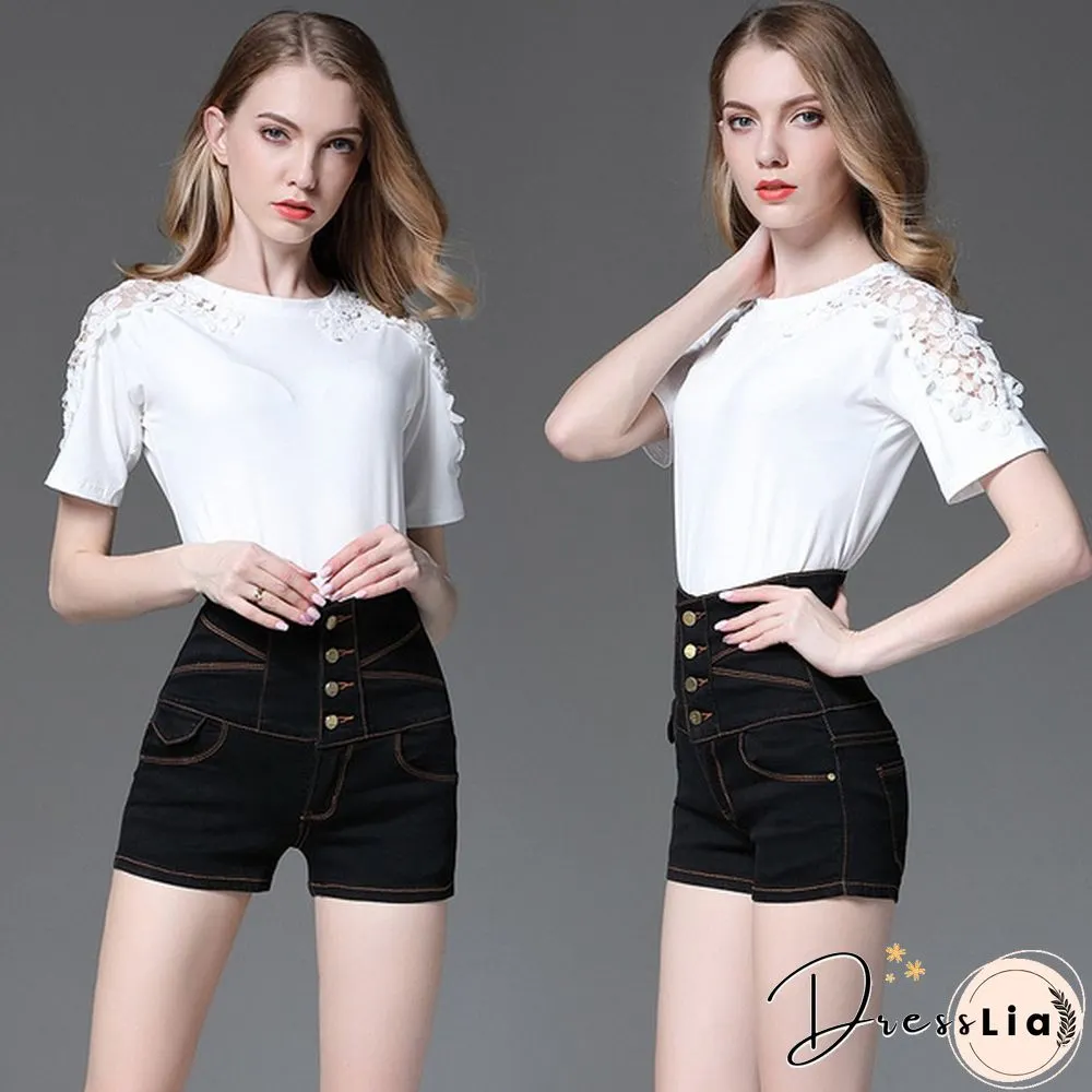 Brand Women Denim Shorts High Waist Slim Plus Size Multi-button Shorts