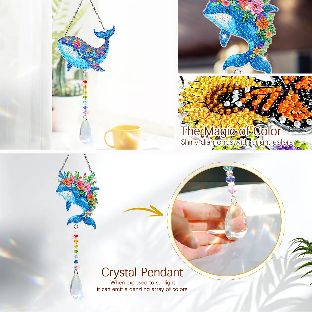 2Pcs Dolphin DIY Double-Sided Diamond Painting Hanging Kits Diamond Painting Suncatcher Craft Kit for Home Garden Wall Decor Gift