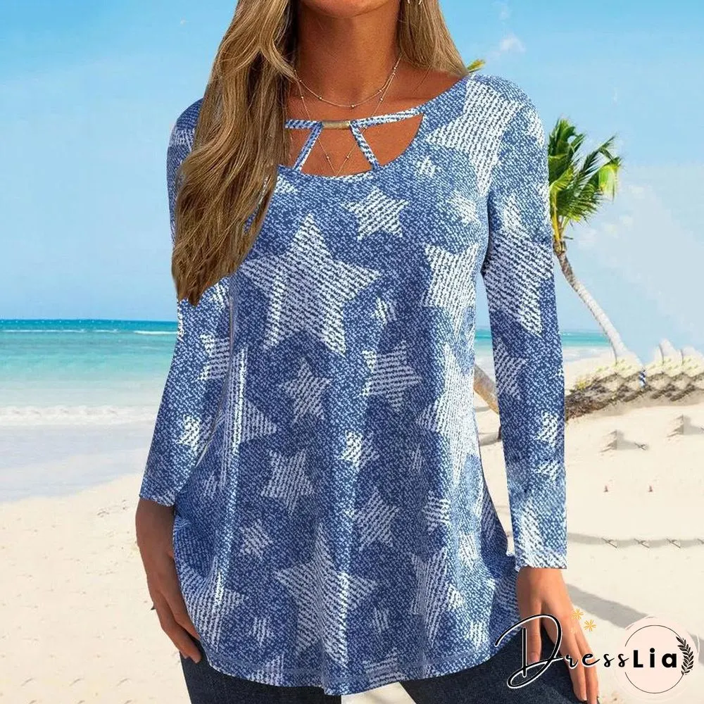 Cutout Neck Star Graphic Stripe Long Sleeve Shirt