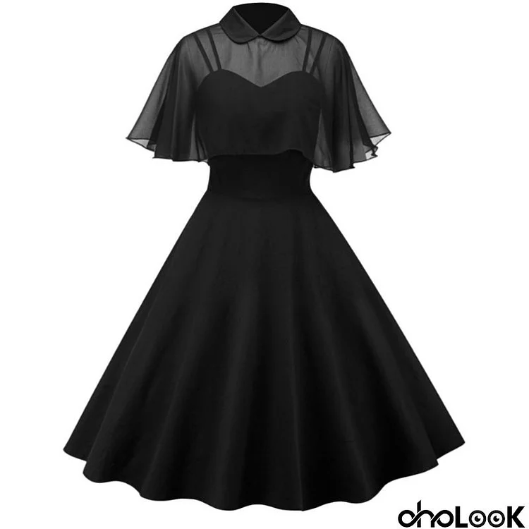 Gothic Women Dark Poncho Dress Two-Piece Set