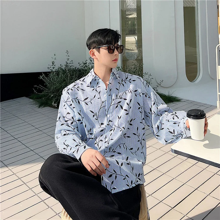 Dawfashion Techwear Streetwear-New Trendy And Stylish Personality Leaf Print Striped Loose Casual Korean Shirts-Streetfashion-Darkwear-Techwear
