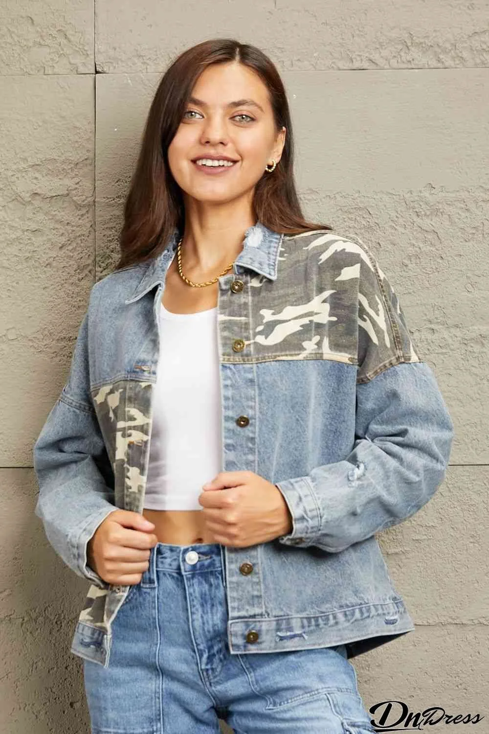 GeeGee Full Size Washed Denim Camo Contrast Jacket