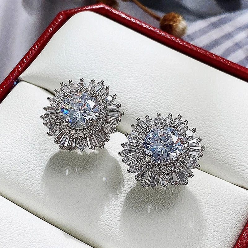Huitan Luxury Flower Stud Earrings with AAA Cubic Zirconia Delicate Women Accessories for Wedding Party Statement Jewelry Gift