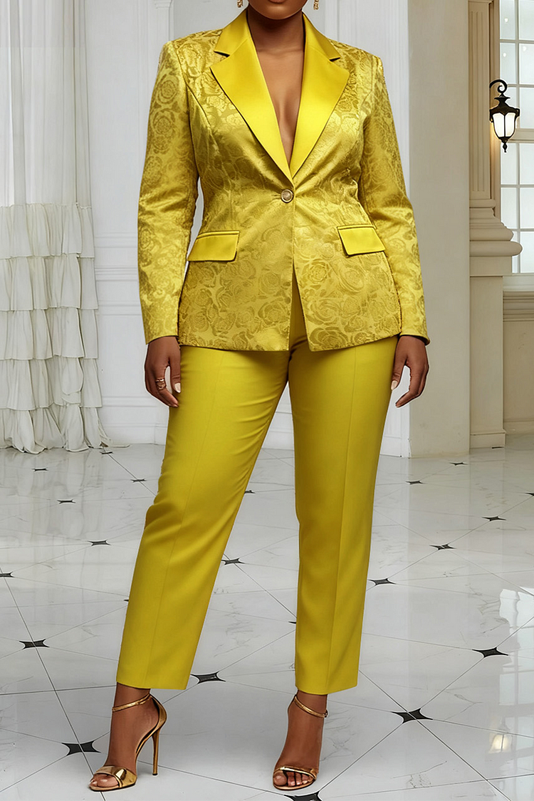 Xpluswear Design Plus Size Christmas Gold Lapel Collar Long Sleeve 3D Elegant Satin Two Piece Pant Suits [Pre-Order]
