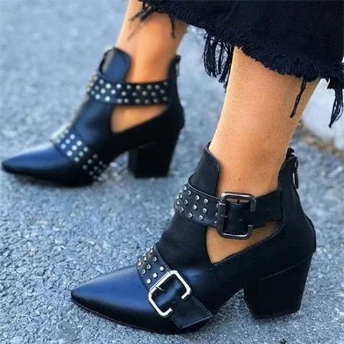 Women's Pointed Toe Leather Ankle Boots Rivet Decor 2020 Fashion Woman Autumn Square Heels Women Female Buckle Pumps Zip Shoes
