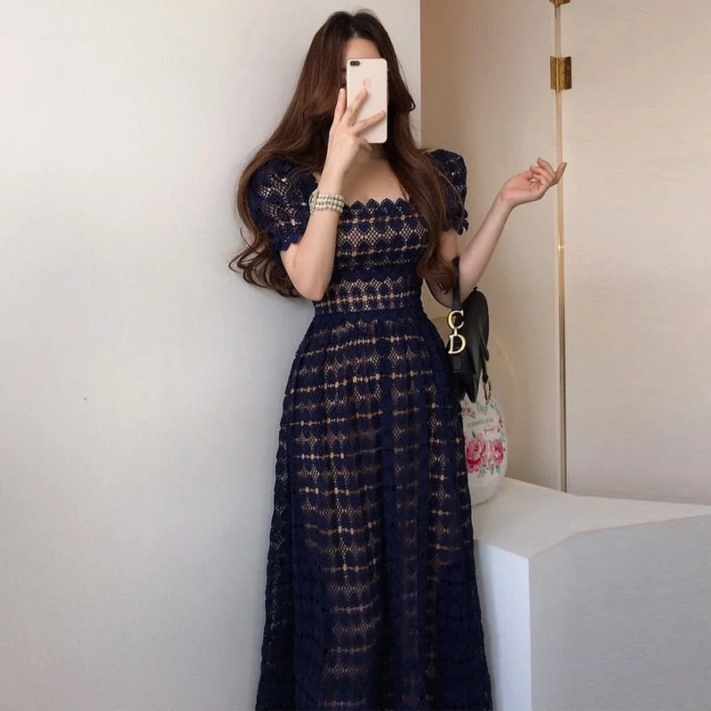 New Elegant Square Collar Women Lace Dress Sweet Hollow Out Slim Puff Sleeve Midi Long Dress 2022 Spring High Waist Party Dress