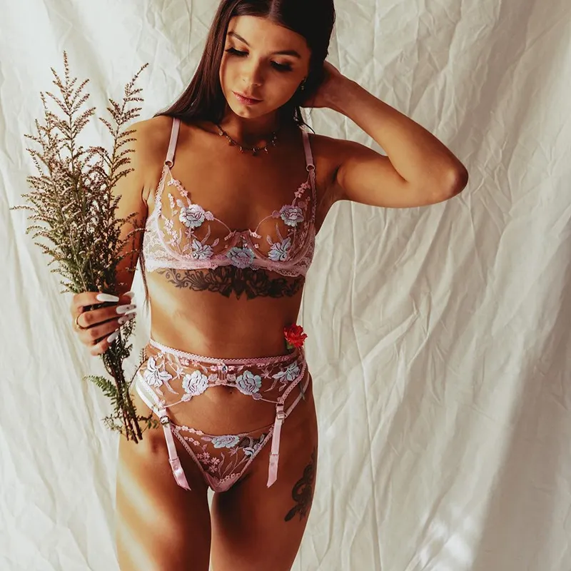 Billionm Pink Floral Lingerie Set Women Underwear Lace Transparent Bra Panties Sexy Push Up Bras Fancy Ladies Embroider Costumes for Sex