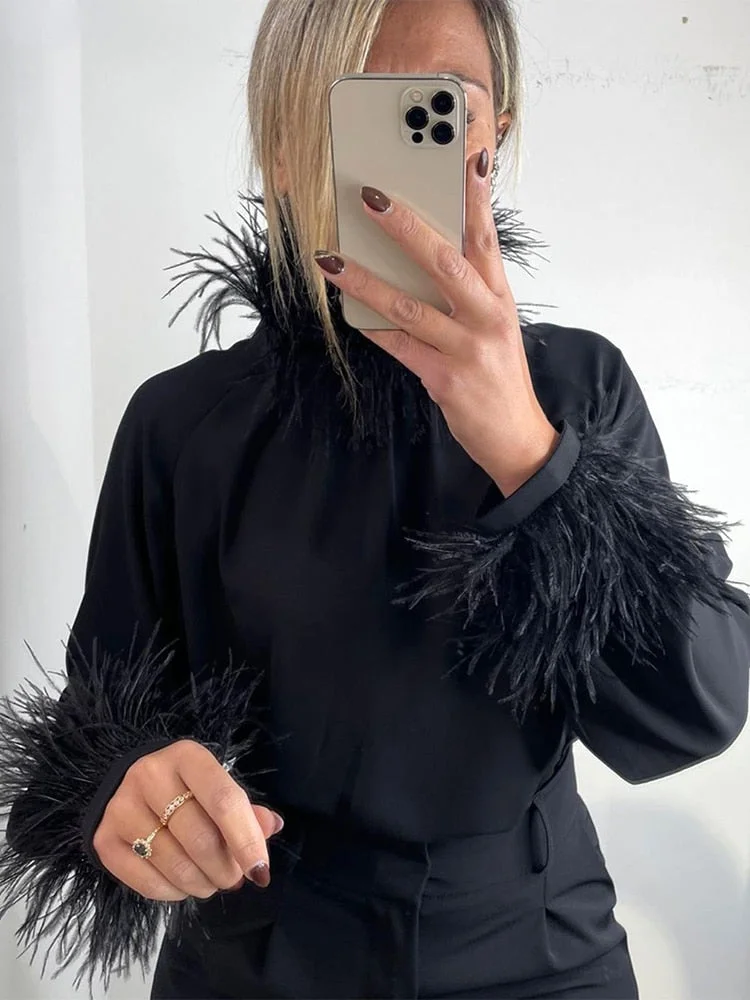 Jacuqeline 2022 Sexy V Neck Feather Satin Blouse Shirts Women Long Sleeve Button Elegant Lady Shirt Top Vintage Clothes Autumn