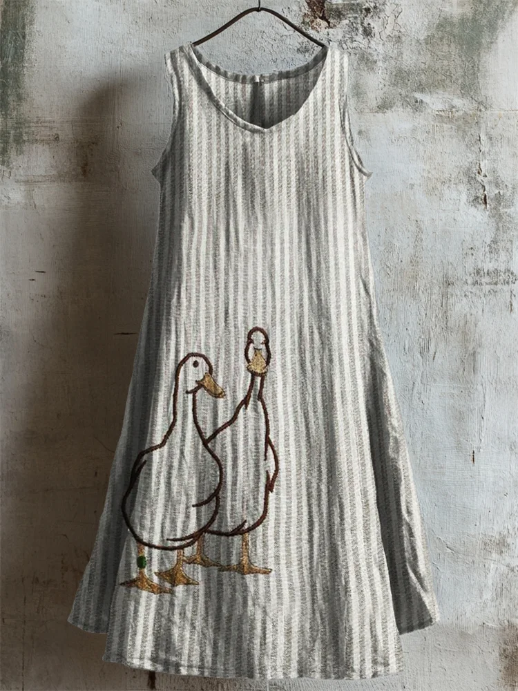 VChics Lovely Ducks Embroidered Striped Linen Tank Dress