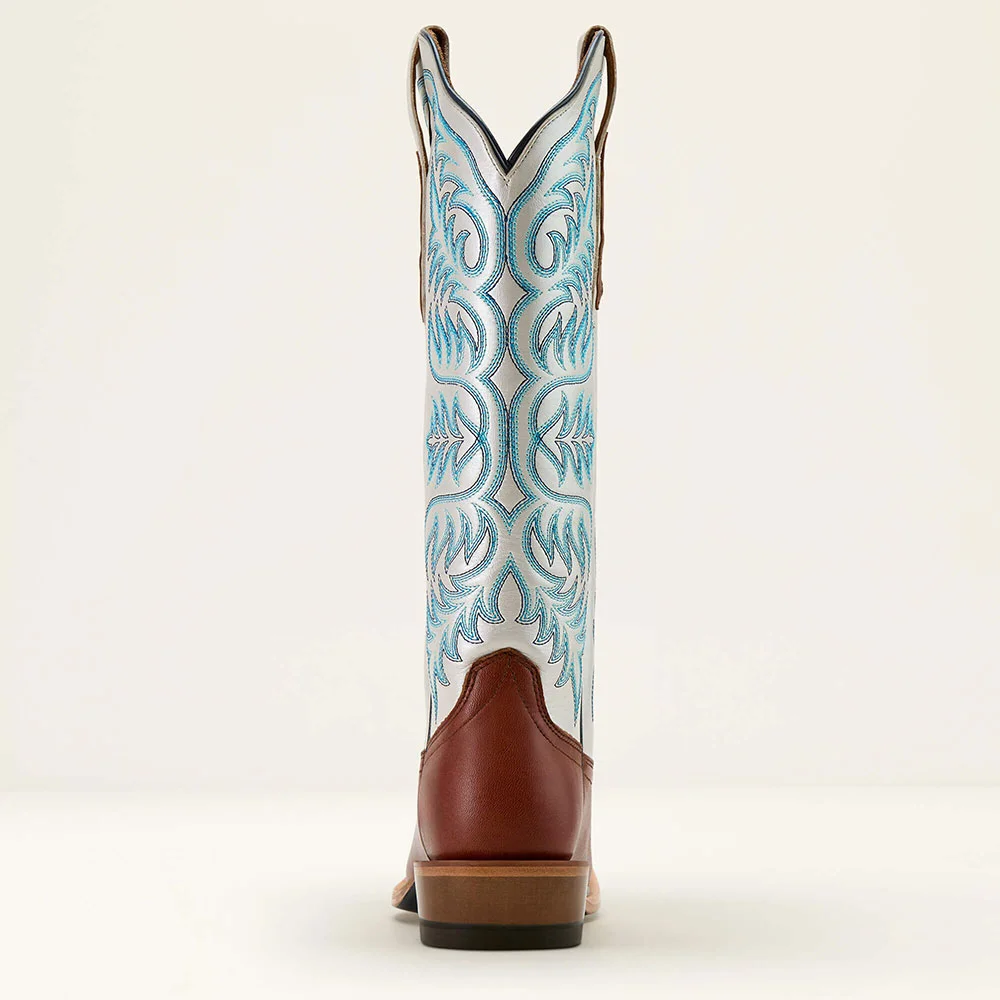 Brown & White Square Toe Embroidered Pull-On Western Boots for Women