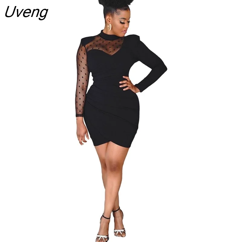 Uveng Women's Mini Dresses Mesh Dot Long Sleeve Pencil Dress Fall Winter Spring Clubwear Bodycon Black U-neck Sexy Party Outfit