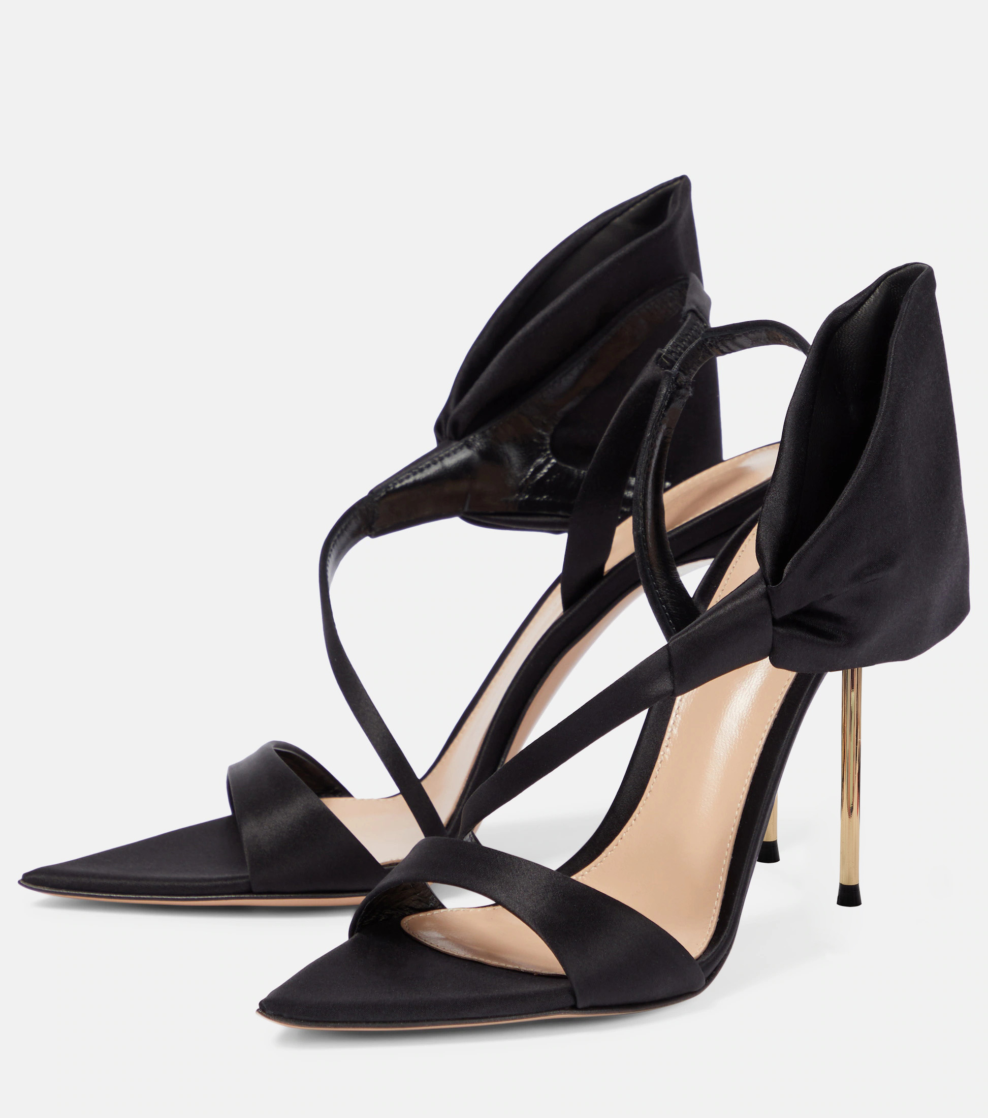 Black Satin Pointed Toe 4&lsquo;&rsquo; Stiletto Heel Strappy Sandals Nicepairs