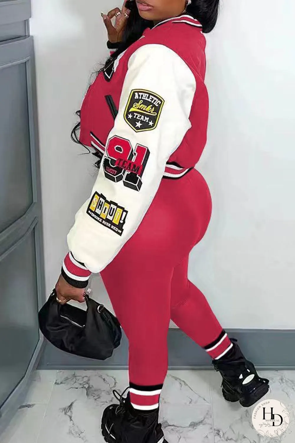 Rose Red Casual Letter Print Patchwork Cardigan O Neck Long Sleeve Two Pieces