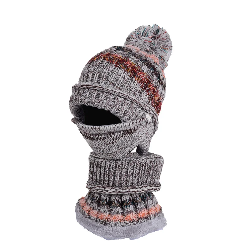 Three-Piece Fleece And Color-Block Knitted Hat, Scarf And Mask