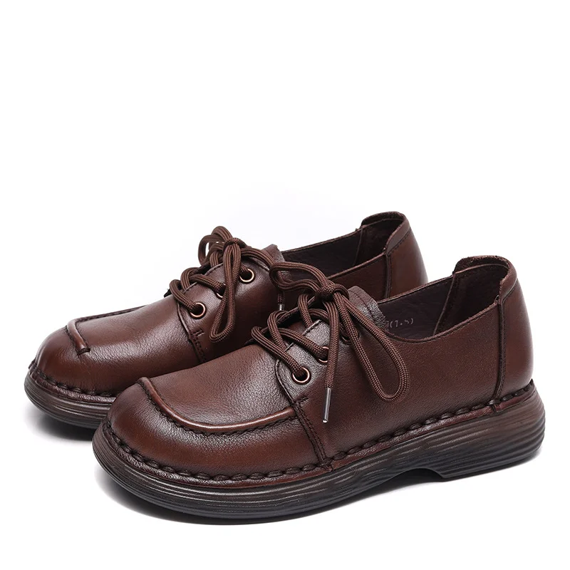 Yyvonne Layer Of Kraft Hand Hand-Skinned Soft Soles Casual Leather Shoes Women's Autumn New Comfortable With Kraft Single Shoes Retro Women's Shoes
