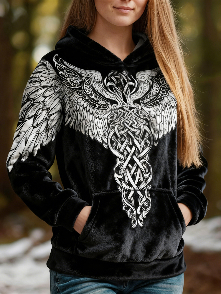 Retro Viking Wing Design Women's Flannel Hooded Sweatshirt elevenforest