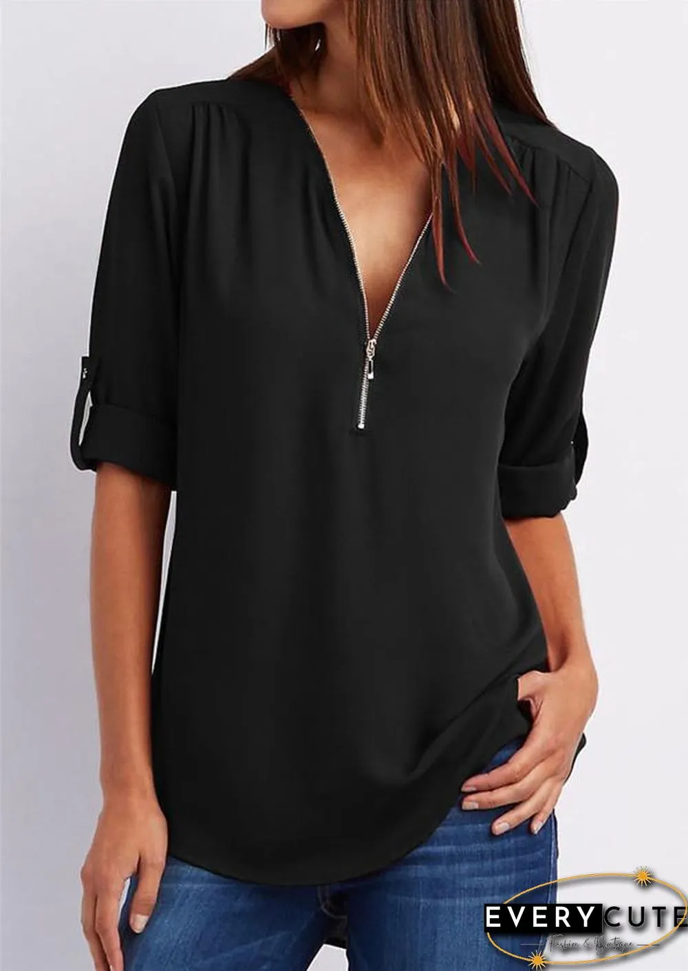 Chiffon Half Sleeve Zipper Solid V neck High Low Blouse
