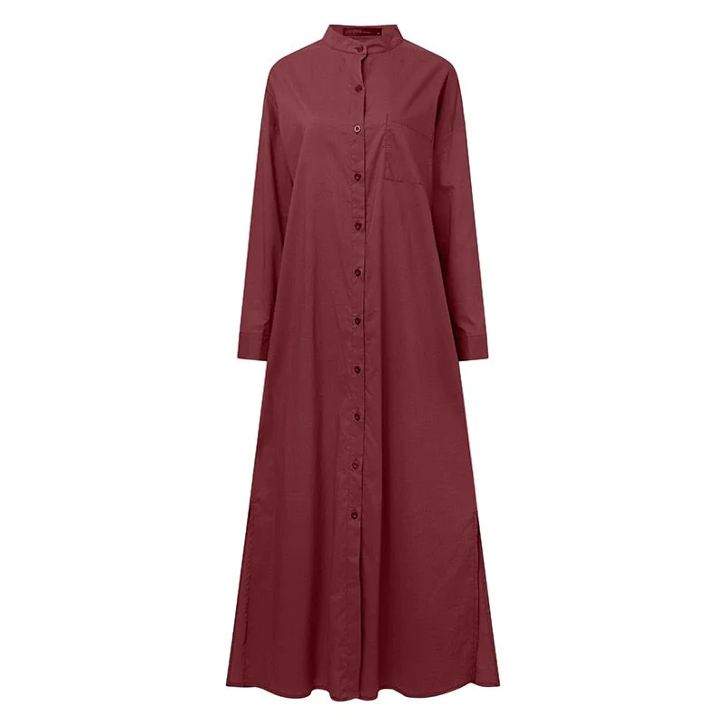 2021 Autumn Elegant Solid Work Shirt Dress ZANZEA Maxi Sundress Women Long Sleeve Cotton Linen Vestidos Female Robe Plus Size