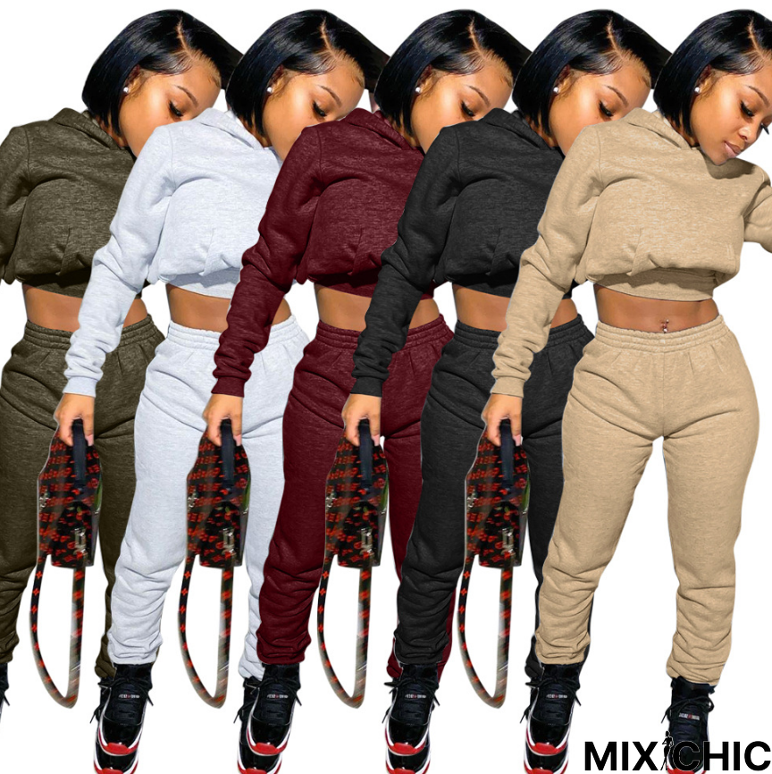 Solid Cropped Hoodies Sweatpants Two Piece Outfits Tracksuits