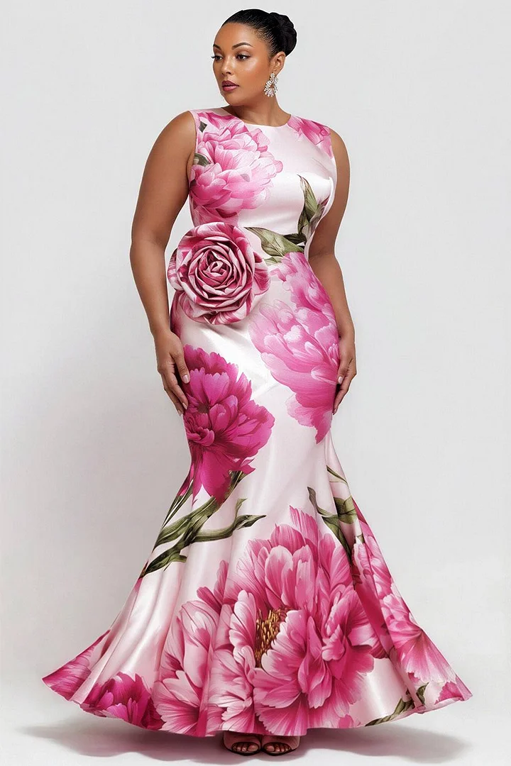 Xpluswear Design Plus Size Formal Elegant Pink Floral Round Neck Mermaid 3D Satin Maxi Dresses 2024 - Xpluswear