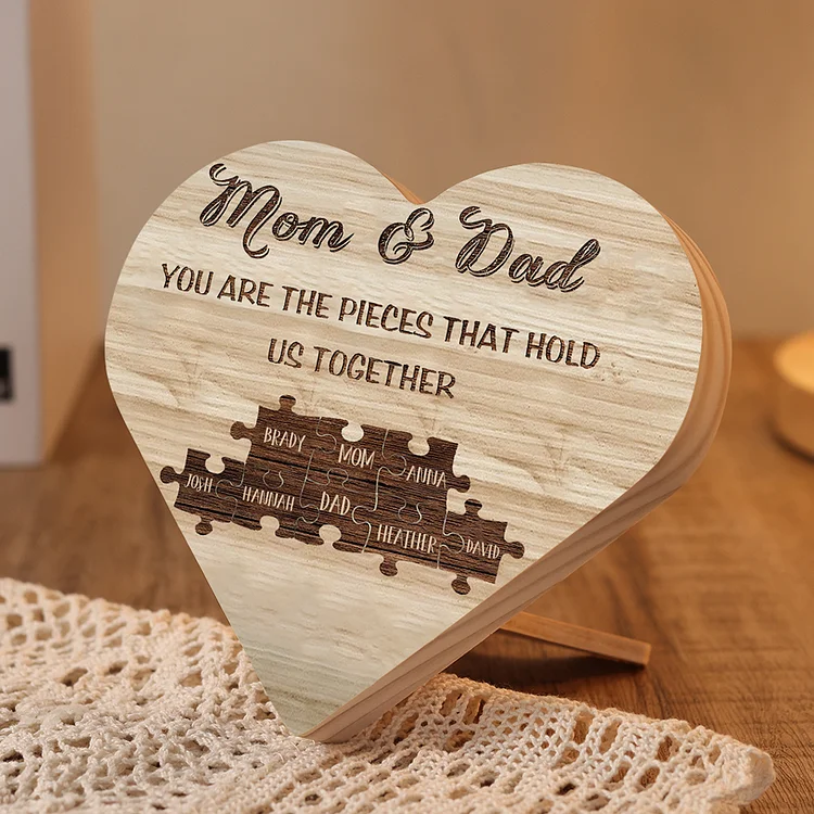 8 Names-Personalized Mom and Dad Wood Heart Ornament-You Are The Piece That Holds Us Together-Heart Wooden Desktop Decoration Gifts for Mother/Father