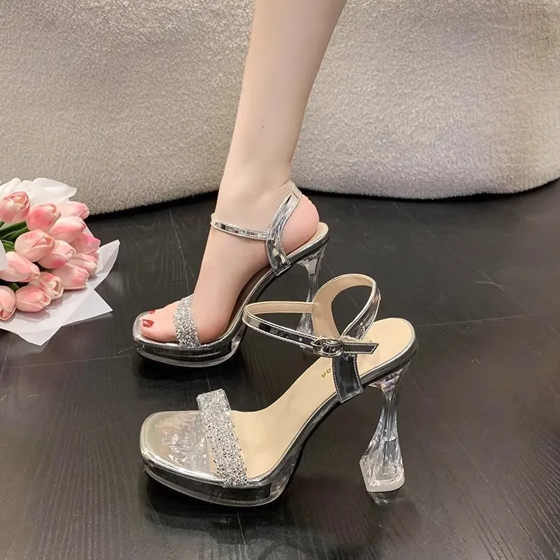 Breakj Breakj Temperament Crystal And Coarse Heel Sandals Women Ultra-High Heel Waterproof Counter Thick-Sing-Le-Soo Model Show Shoes