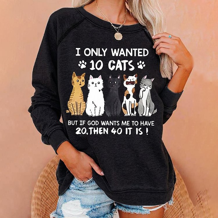 Vefave Cat Print Casual Long Sleeve Sweatshirt