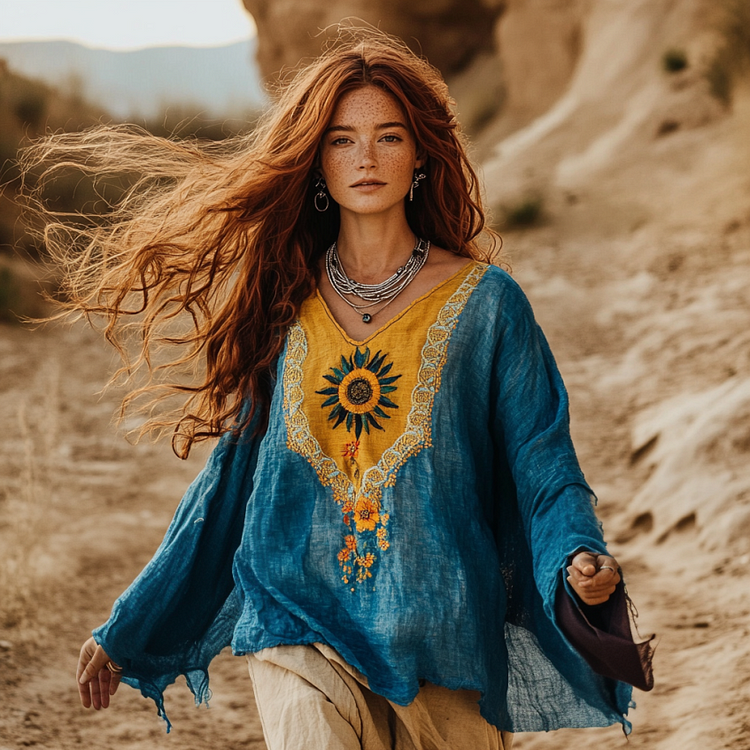 Utbros Boho Sunflower Embroidery Print Cotton And Linen Blend Loose Blouse