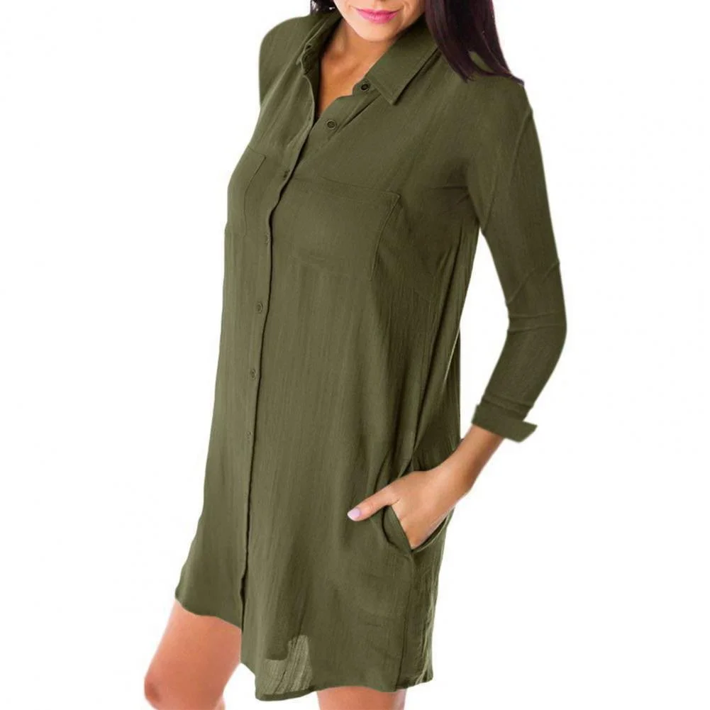 Office Lady Shirt Dresses Loose Cardigan Blouses Turn-down Collar Single Breasted Pocket Casual Long Sleeve Shirt Dress robe