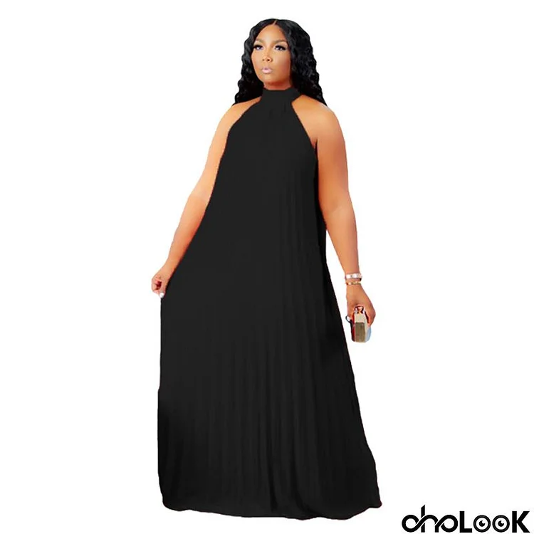 Women Fashion Casual Solid Color Pleated Sleeveless Plus Size Dress