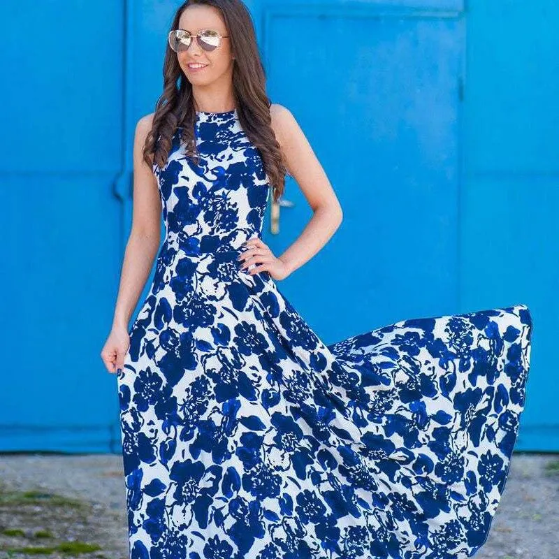 Hot 2021 Summer European nd American Parent-Child Long Skirt Sleeveless Blue And White Porcelain Dress