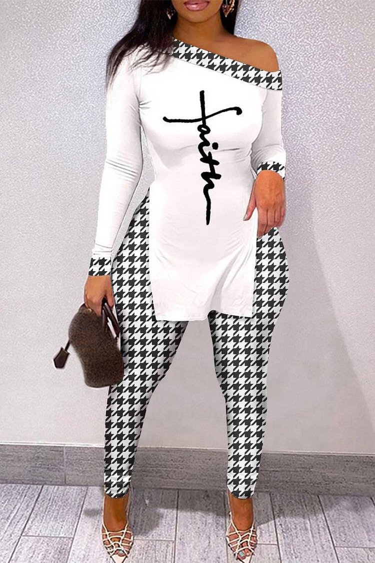 Xpluswear Plus Size Casual Houndstooth One Shoulder Long Sleeve Split Two Pieces Leggings Set 