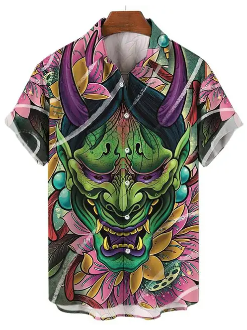 Vibrant Green Floral Oni Demon Hawaiian Shirt PLUSCLOTHESMAN