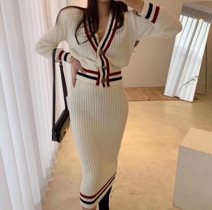 Two Piece Set Women Korean Autumn and Winter V-neck Bordered Contrast Color Knitted Sweater + High Waist Bodycon Skirt