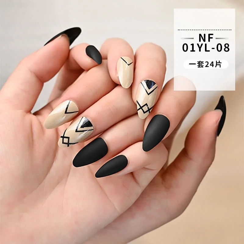 Fashion 24pc/set French Styel Press On False Nail Tips 10 Sizes Fake Nails Full Cover Nail Tips With Nail Adhesive Tab Sticker-Nail Inspo