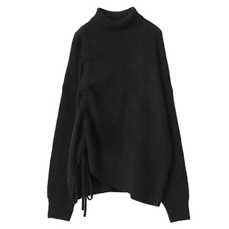 Loose Solid Color Turtleneck Asymmetrical Drawstring Long Sleeve Knitted Sweater   