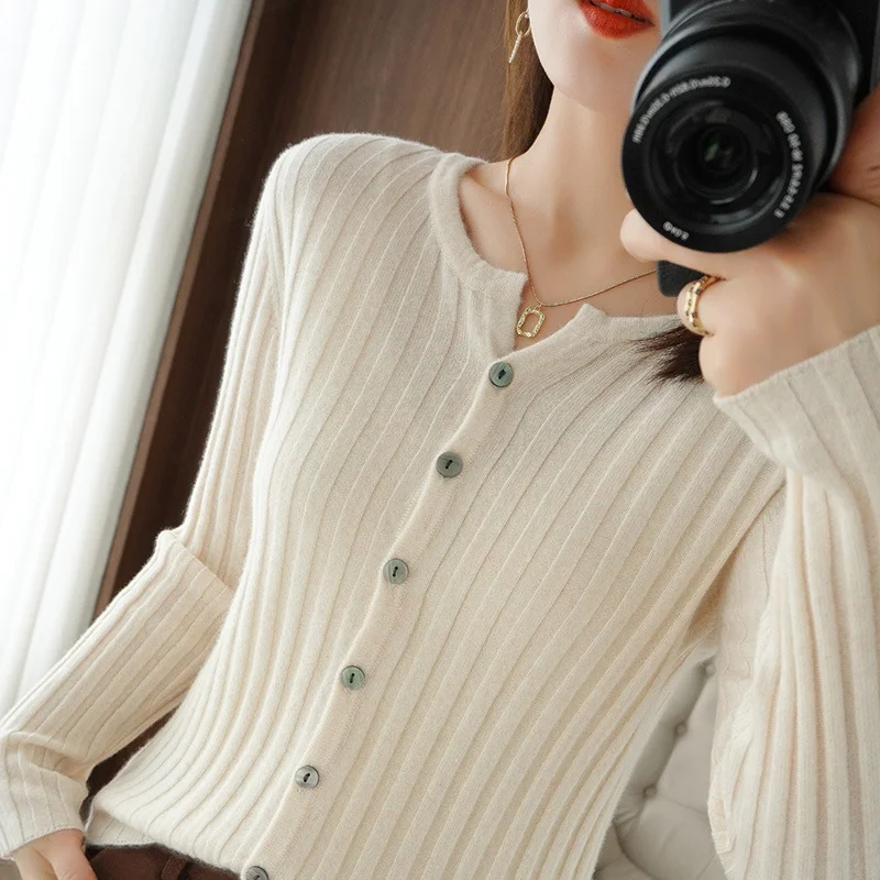 Ueong Ueong Long Sleeve Spring And Autumn New Round Collar Cardigan Women's Jacket Slim Soft Waxy Bottom Coat Thin Sweater