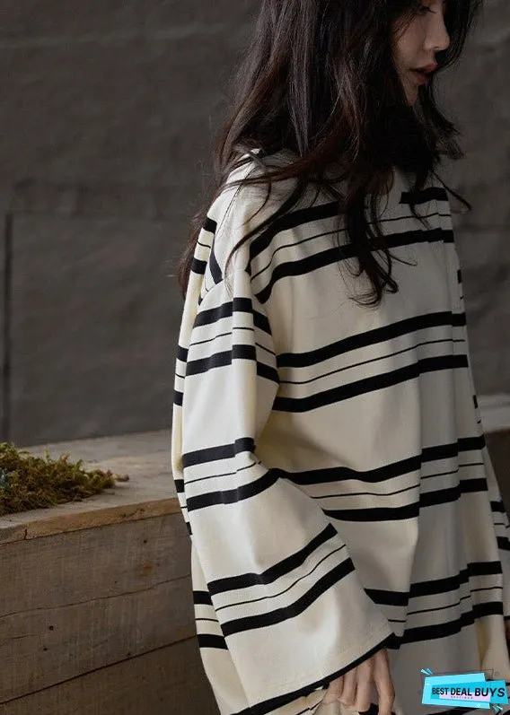 Women Black White Striped O-Neck Cozy Cotton Long Couple Dress Spring