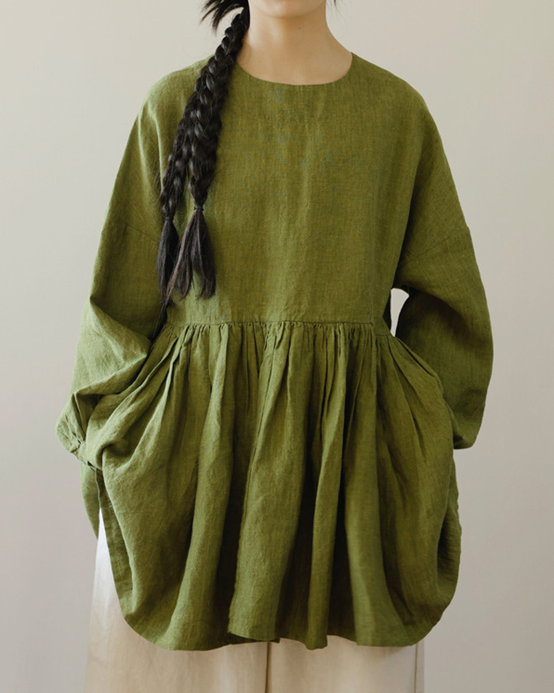 Pleated Flared Hem A-Line Long Sleeve Round Neck Top