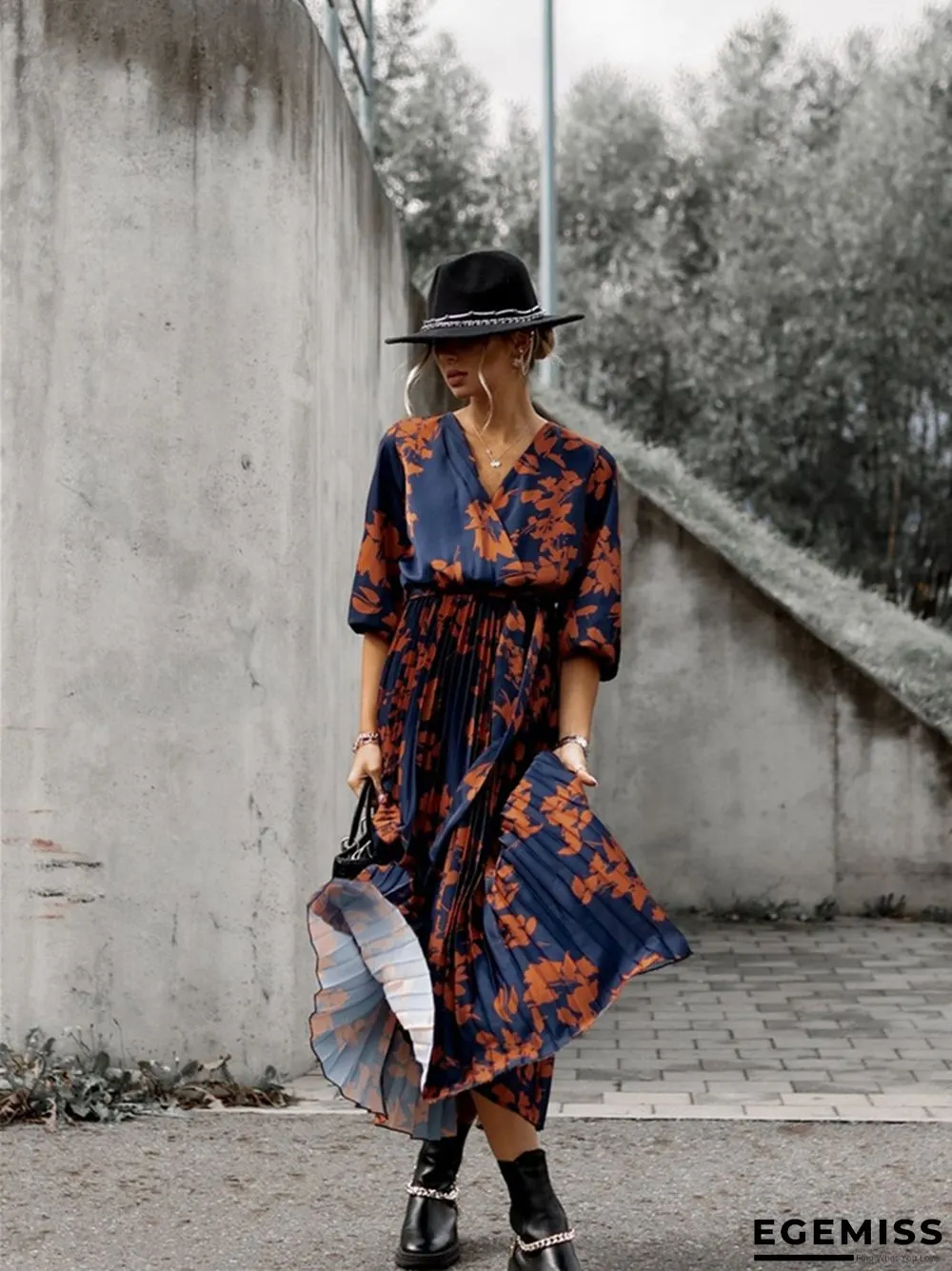 Fashion Waist Strap Pleated Print Dress | EGEMISS