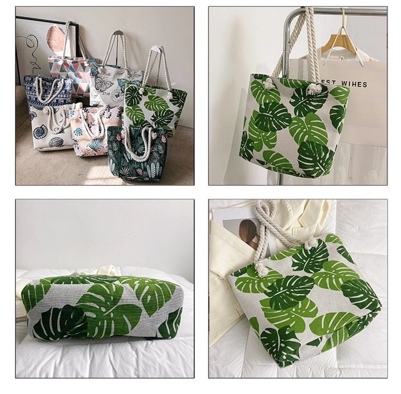 Women’s Medium Canvas Leaves Butterfly Beach Square Zipper Beach Bag