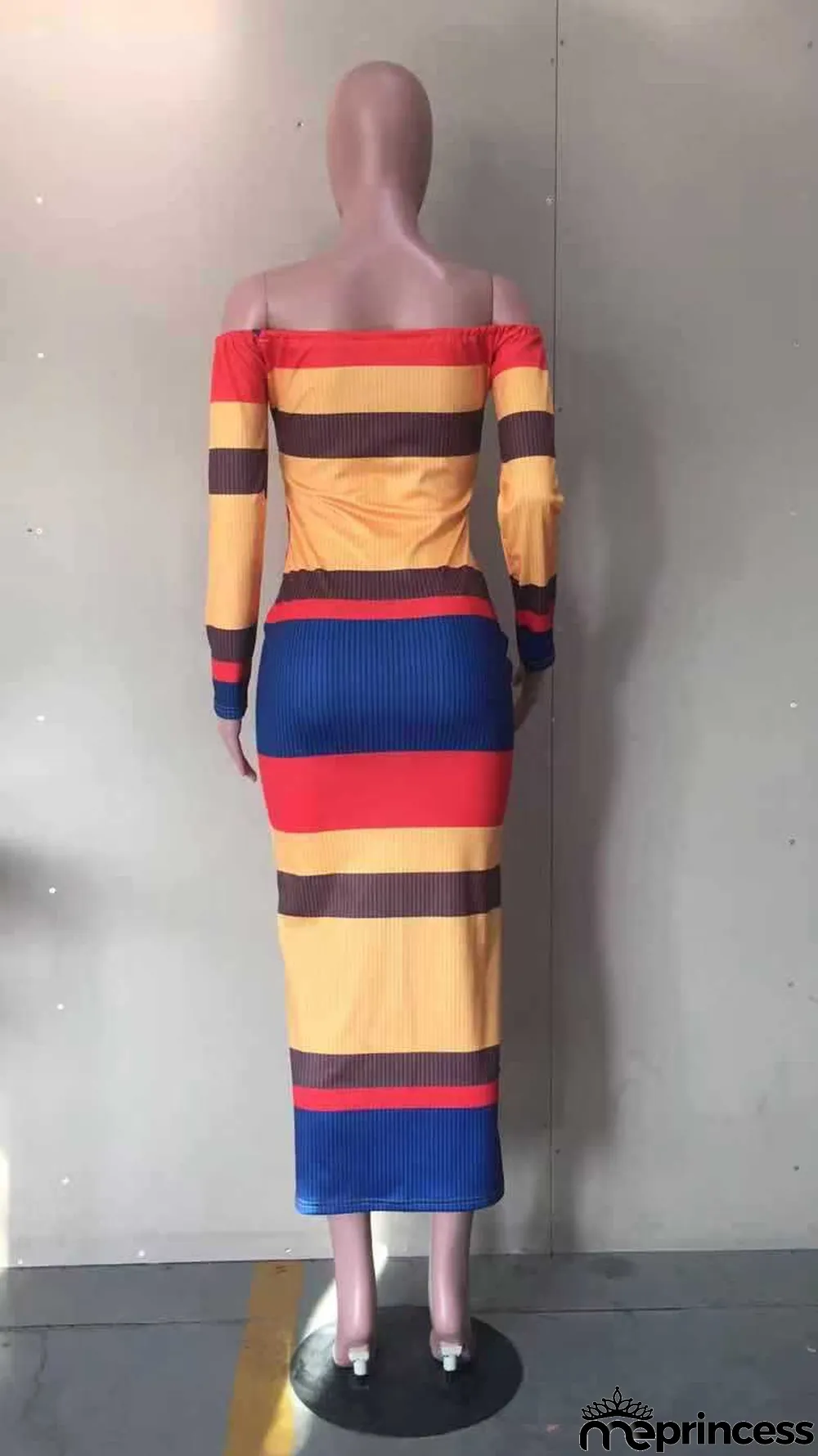 Colorful Stripe Slash Neck Long Sleeves Maxi Dress