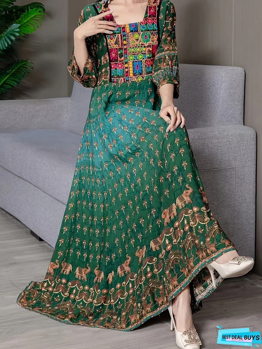 Ethnic Floral Pattern Maxi Dress, Boho Square Neck 3/4 Sleeve Dress, Women's Clothing