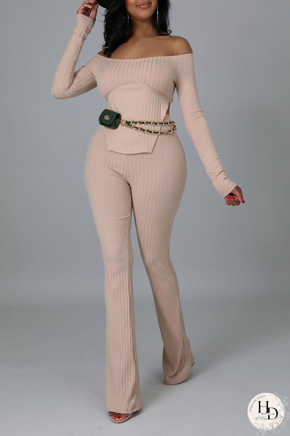 Apricot Casual Solid Split Joint Slit Off the Shoulder Long Sleeve Two Pieces