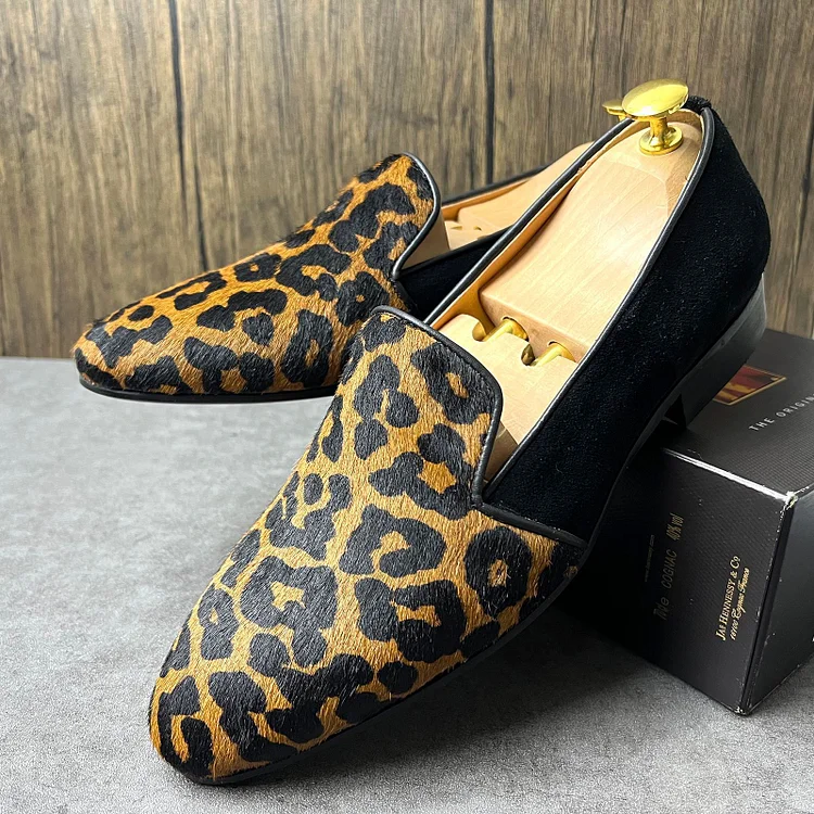 Men's Genuine Leather Leopard Print Loafers Shoes