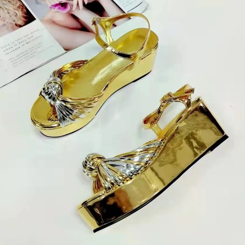 Gold Silver Platform Sandals Women Open Toe Diamond Rhinestone Cross Strap High Heels Wedges Shoes Woman Party Shoes