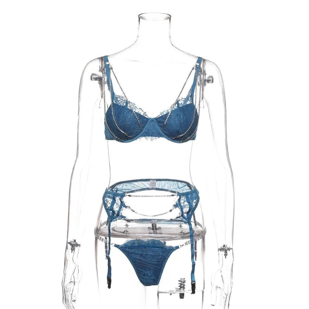 Cryptographic Lace Lingerie Set Fashion Push Up Two Hook-and-eye Underwire Bra And Chain Briefs Skirt Sexy Bra And Briefs Sets 1023-1