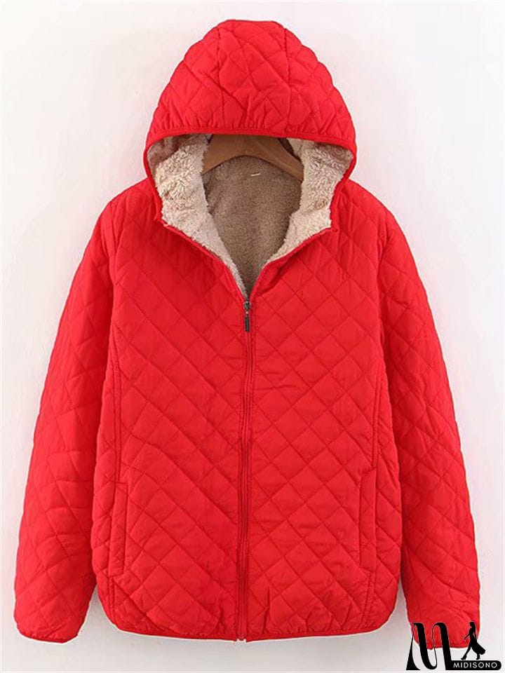 MidiSono - Women's Sports Style Solid Color Plush Liner Short Coat with Hood
