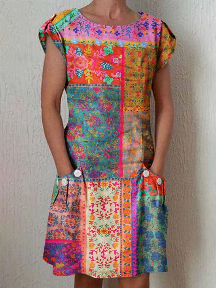 Women's Classic Kantha Vintage Floral Pattern Dress with Pockets